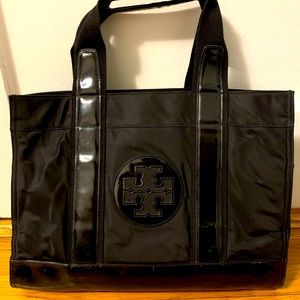 Tory Burch nylon black tote with patent leather details